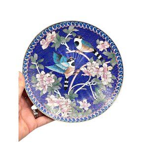 Ching T’ai-Lan Cloisonne Plate ‘the Long-Tailed Titmouse’ Blue Enamel Plate
